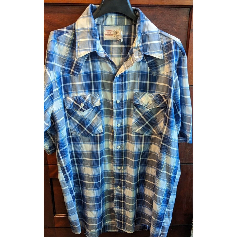 VTG Saddle King Western Shirt Short Sleeve Pearl Snaps Blue and Gray Plaid XL
